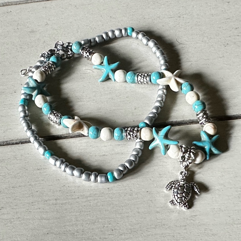 Layered Ankle Bracelet Sea Turtle Silver Blue Turquoise Starfish Beach Boho
